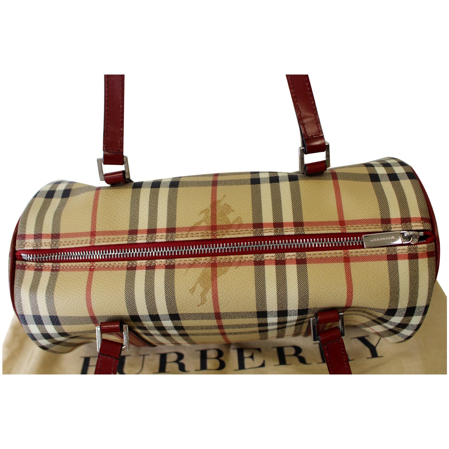 Authentic Burberry Red Leather Canvas Barrel Bag