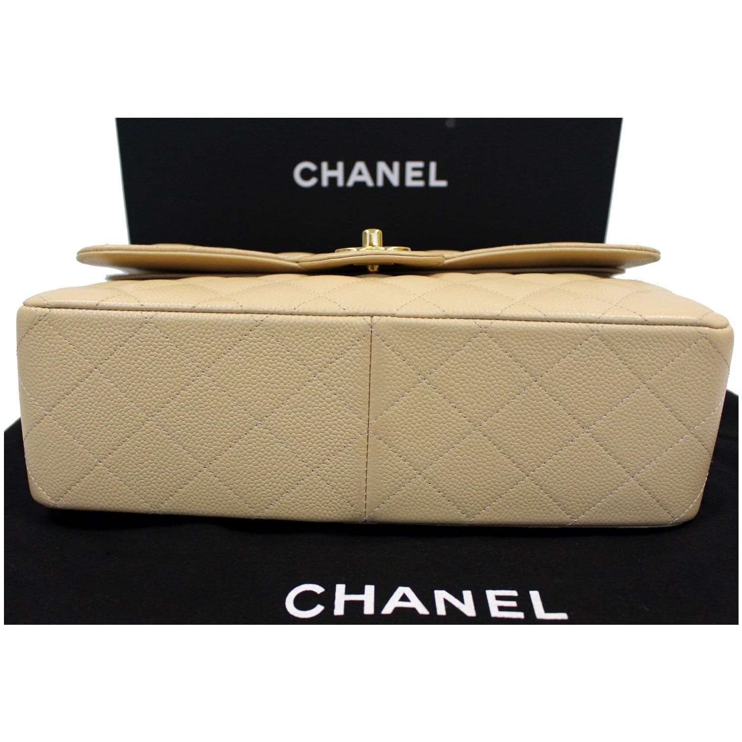 CHANEL Jumbo Double Flap Caviar Leather Shoulder Bag Beige