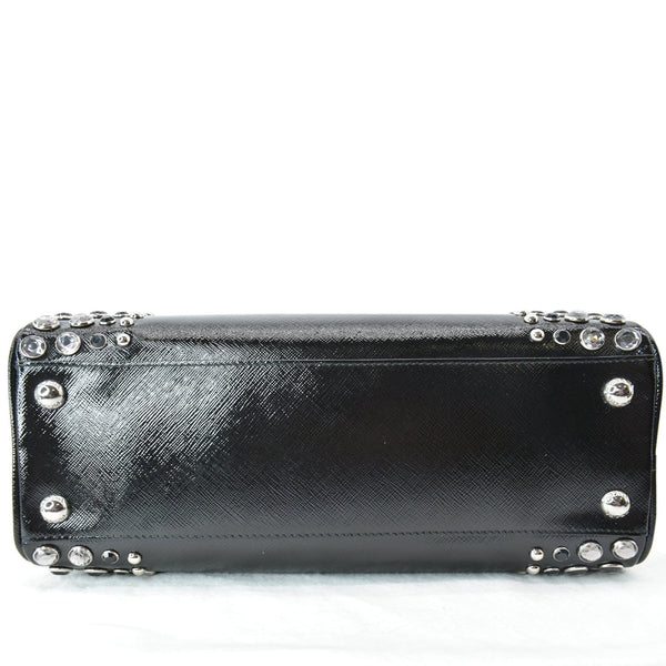 PRADA Vernice Crystal Small Frame Studded Saffiano Leather Top Handle Bag Black