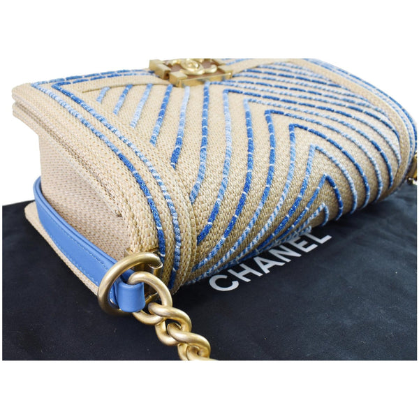 CHANEL Medium Boy Chevron Cotton Mixed Fibers Shoulder Bag Beige