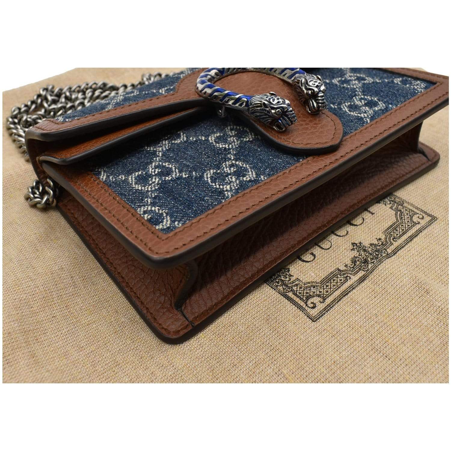 Gucci Dionysus GG Mini Chain Wallet Brown Denim Crossbody Handbag Italy New