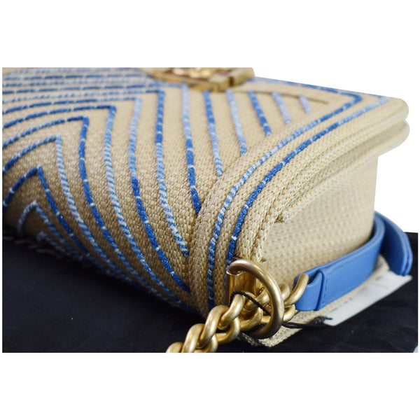 CHANEL Medium Boy Chevron Cotton Mixed Fibers Shoulder Bag Beige