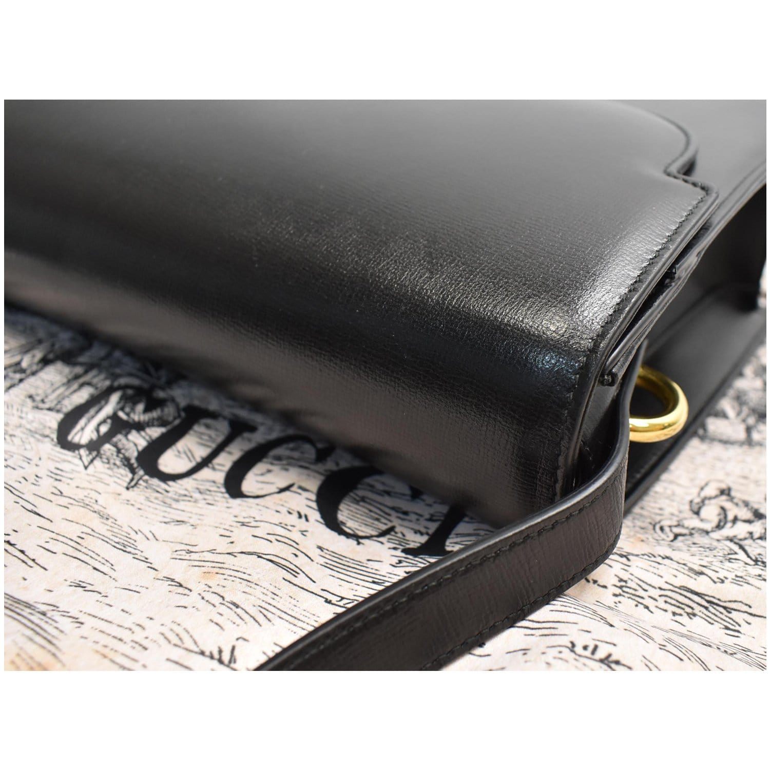 Old GUCCI Shoulder Bag Black Gold Leather Logo With Dust bag from