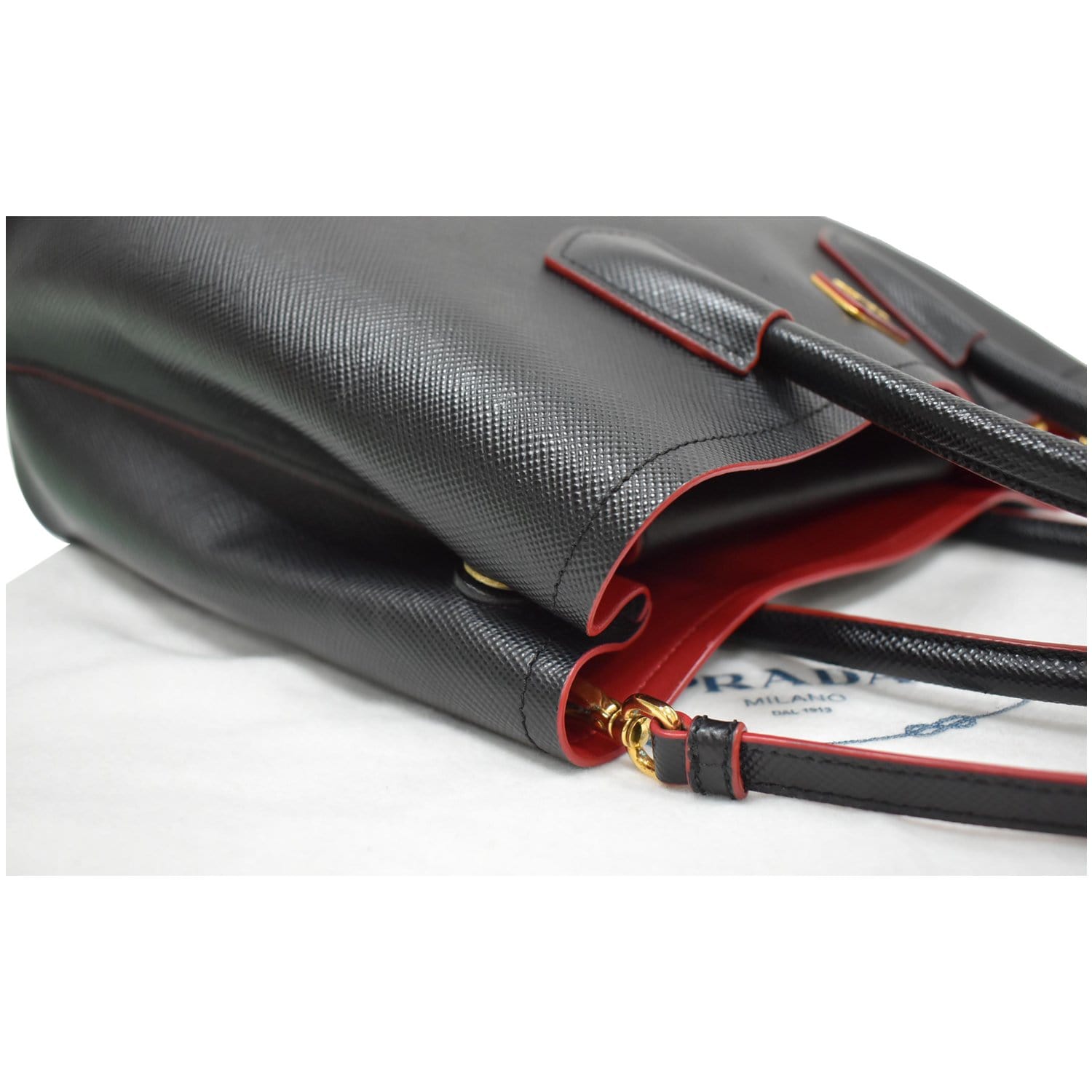 Prada, Bags, Prada Large Saffiano Leather Double Prada Bag Blackfiery Red