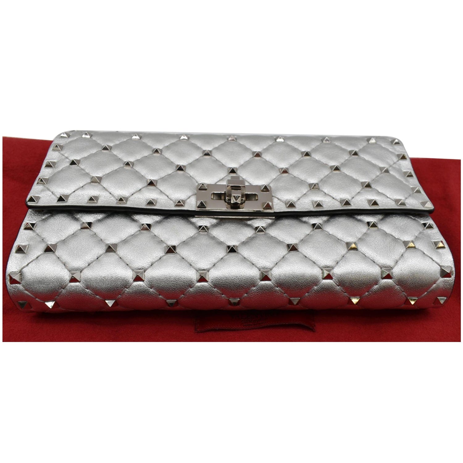 VALENTINO Rockstud Spike Nappa Leather Clutch Bag Metallic Silver