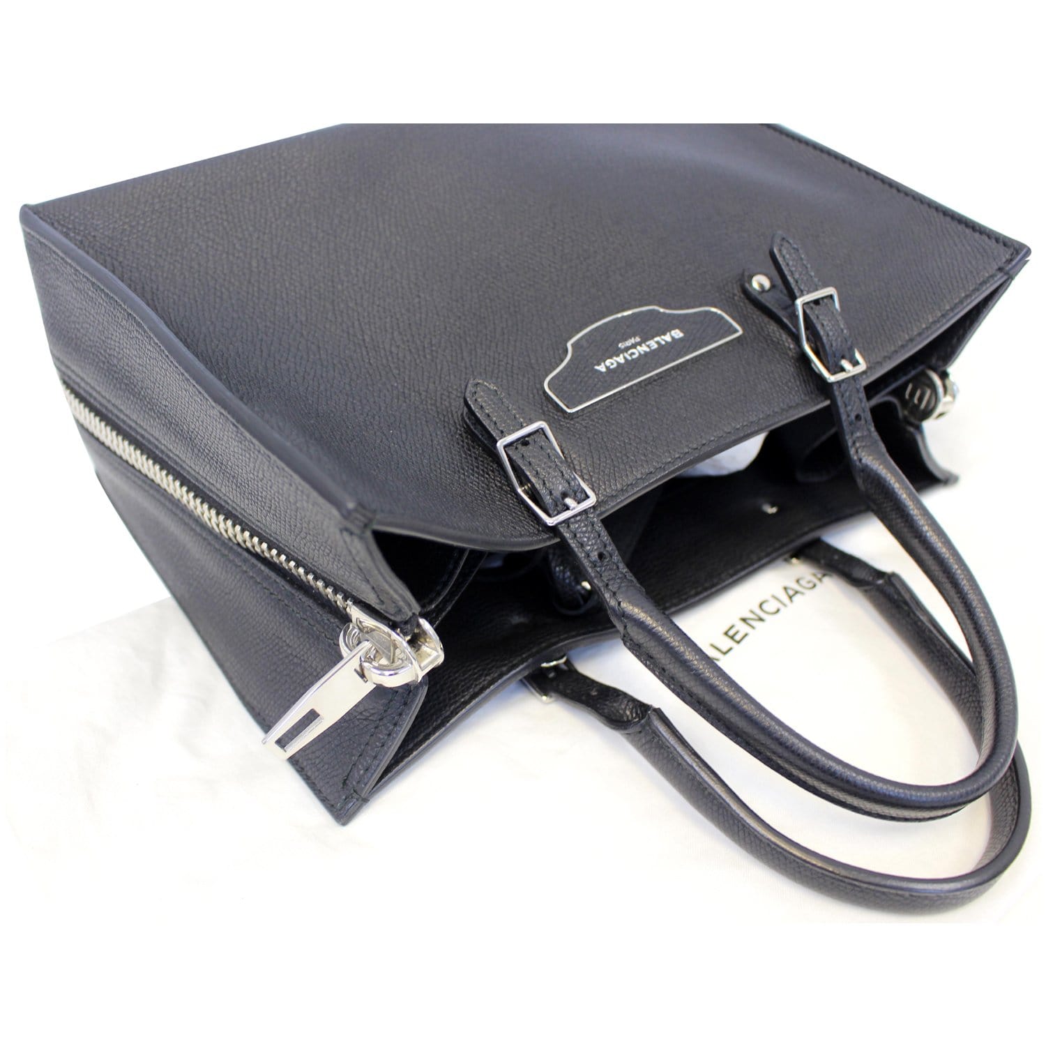 BALENCIAGA Papier Side Zip Black Leather Tote Bag w/Shoulder Strap