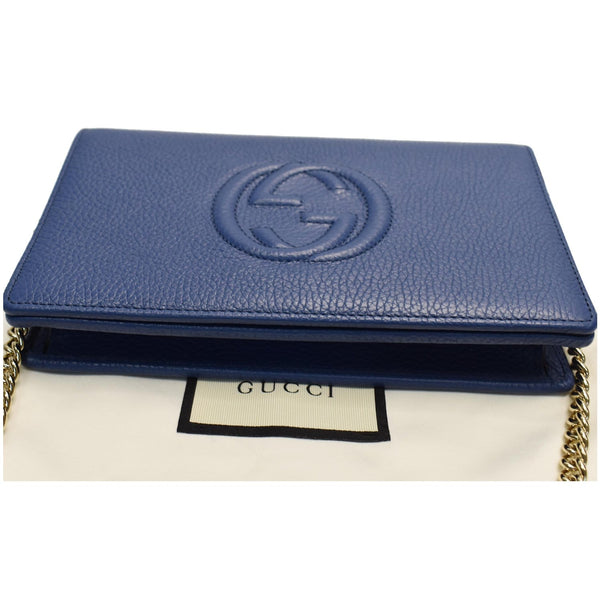 GUCCI Mini Soho Pebbled Leather Wallet On Chain Bag Blue 598211