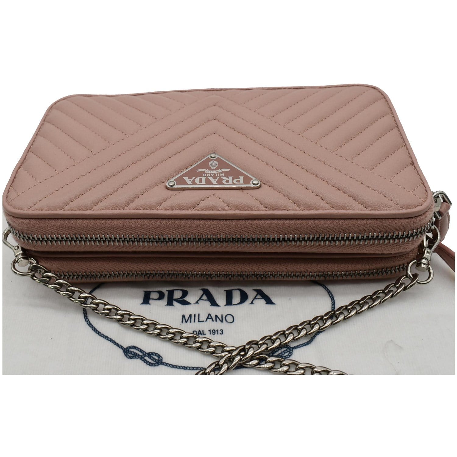 PRADA Nappa Mini Impunture Bandoliera Chain Leather Crossbody Bag Orch