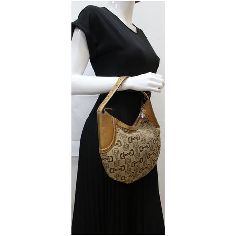 GUCCI Horsebit Print Canvas Hobo Bag Bronze 154371