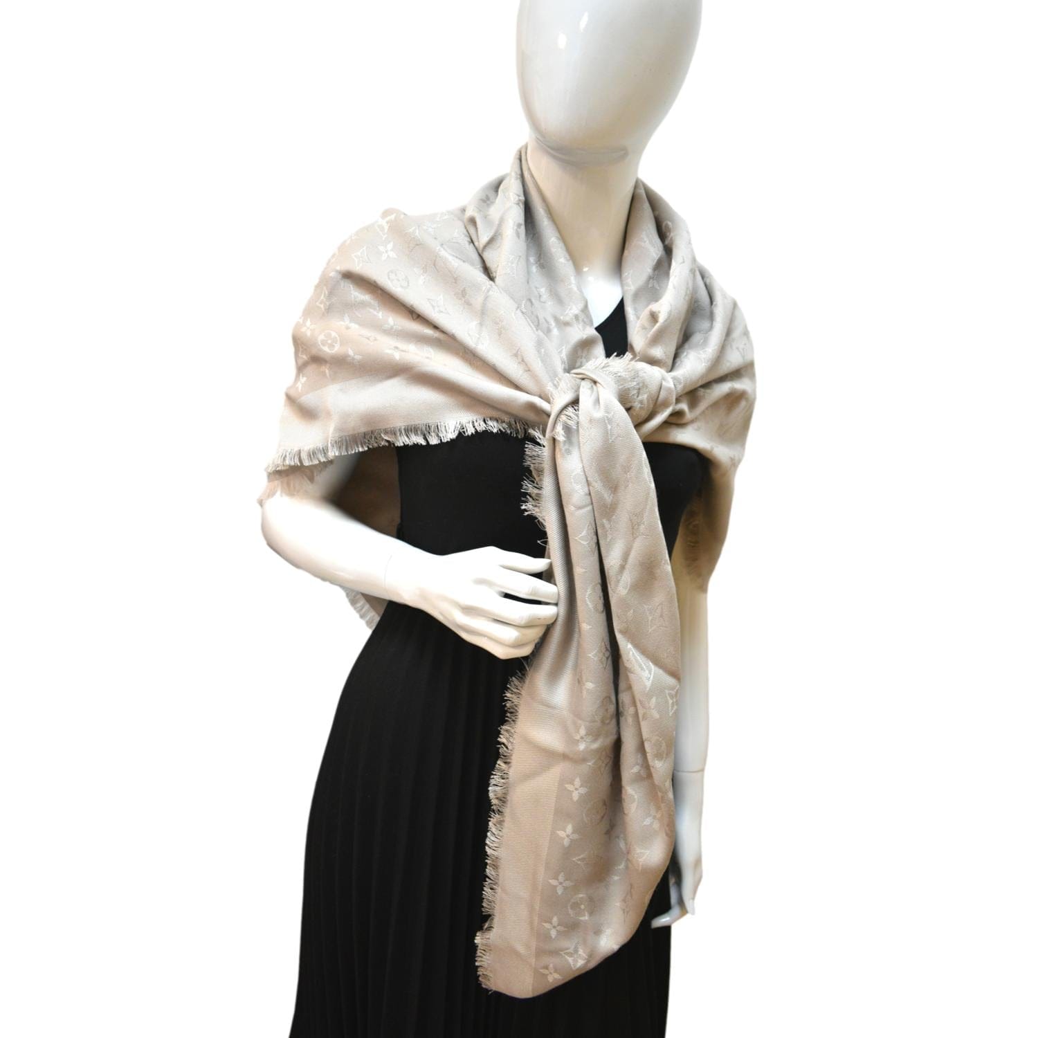 Louis Vuitton Pearl Grey Silk and Wool Blend Monogram Denim Shawl at 1stDibs