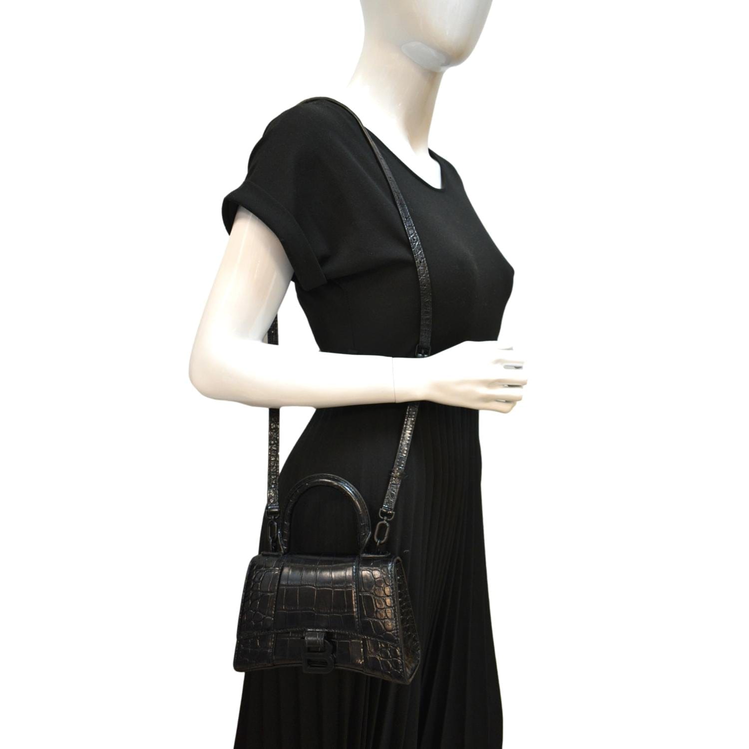 Balenciaga Hourglass Xs Croc-effect Leather Shoulder Bag in Black