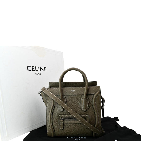 CELINE Nano Luggage Drummed Calfskin Leather Shoulder Bag Khaki