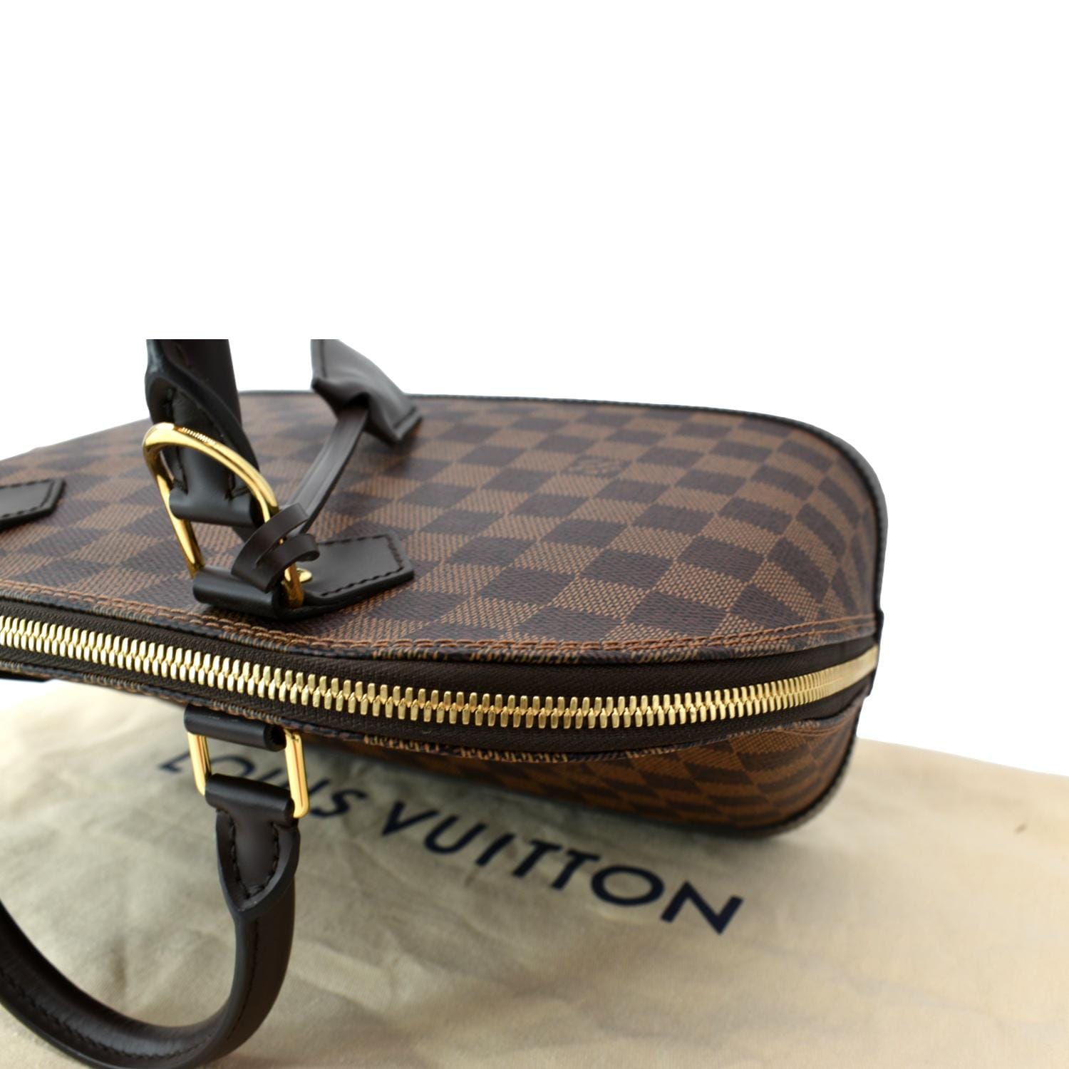 Louis Vuitton Damier Ebene Coated Canvas Alma PM Gold Hardware, 2021 (Like New), Red/Brown Womens Handbag