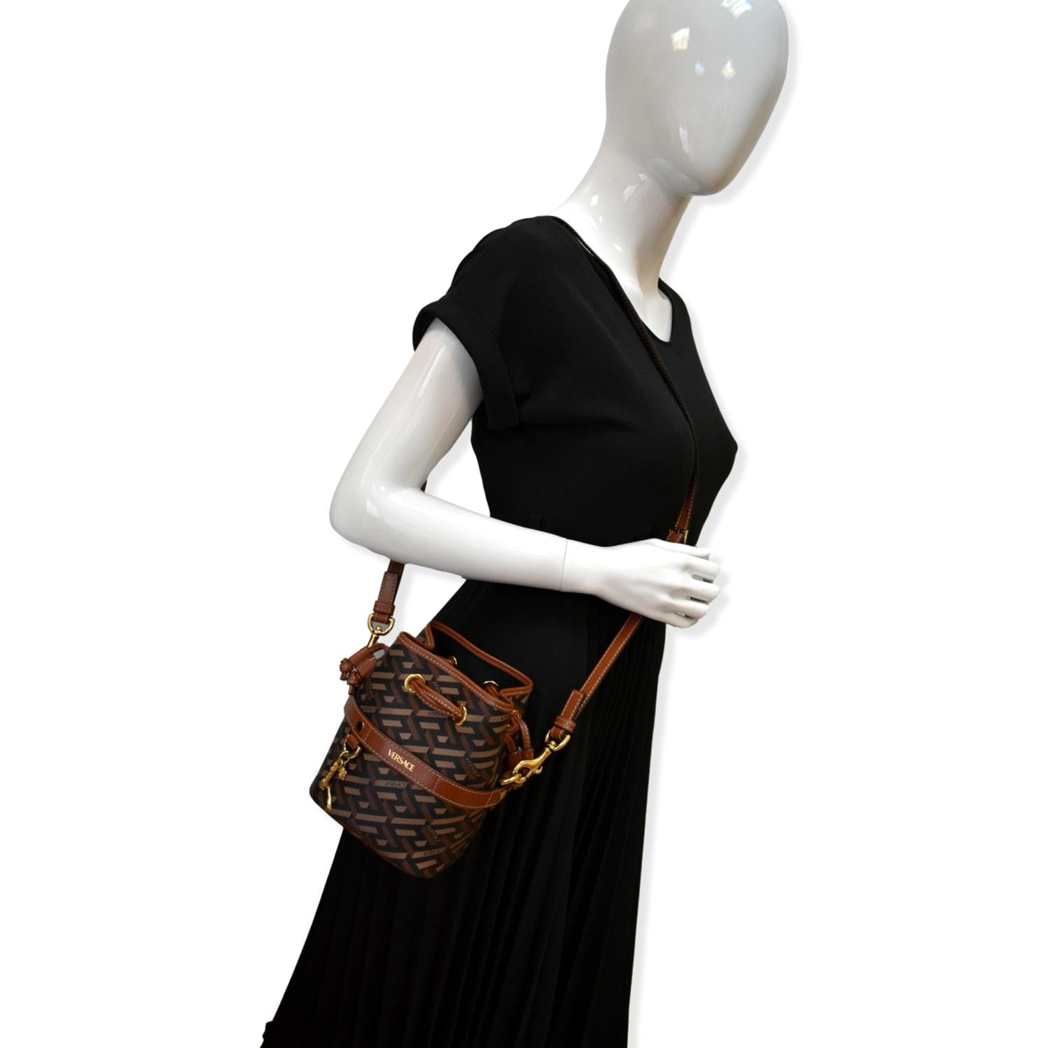 La Greca Signature Leather Crossbody Bag in Black - Versace