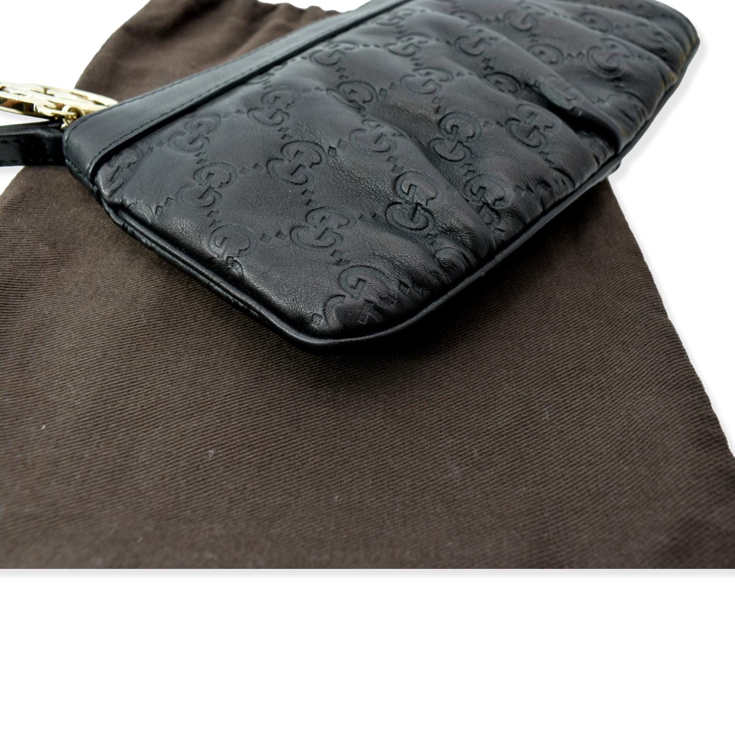 GUCCI Guccissima Leather GG Wristlet Pochette Black 212203