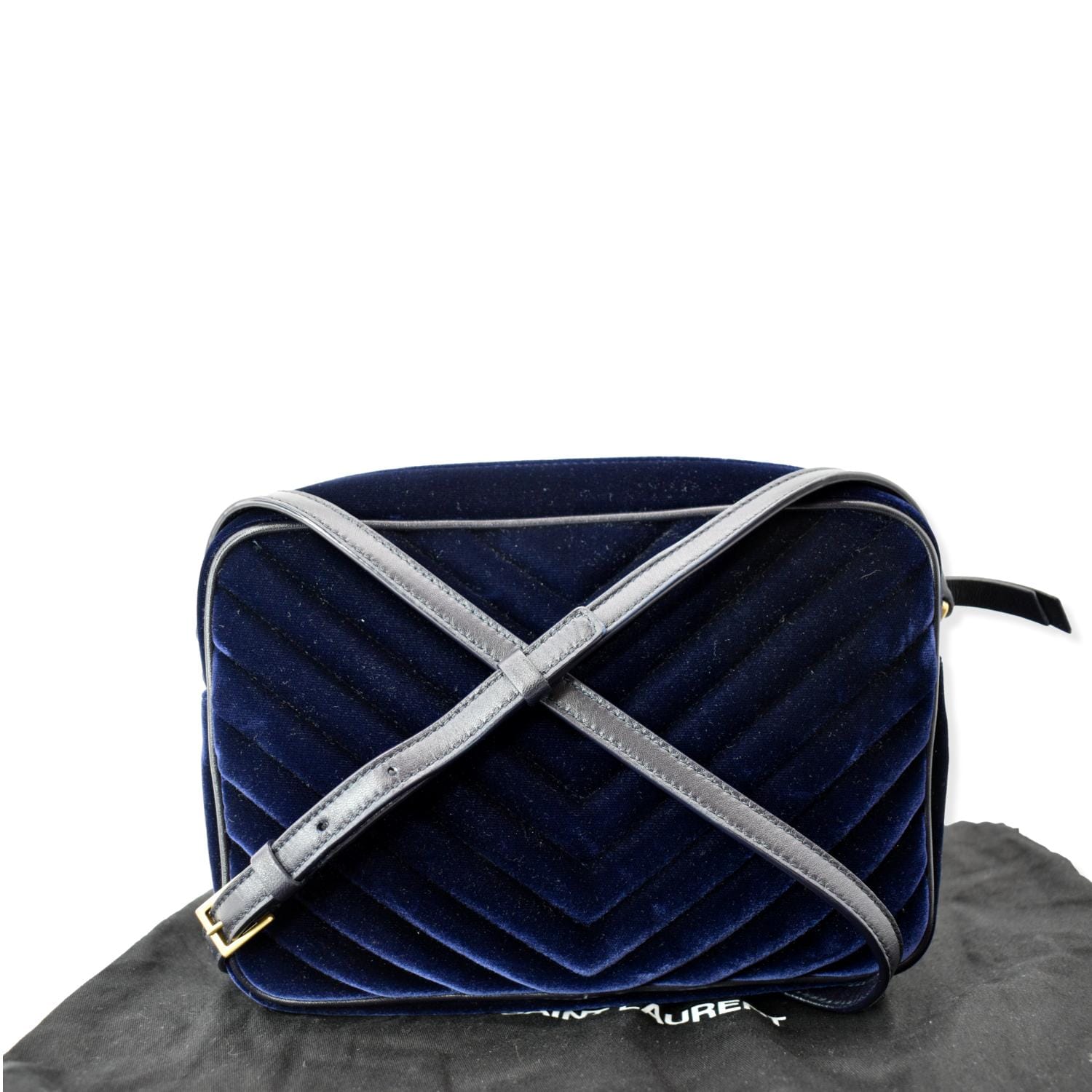 Authentic YSL Yves Saint Laurent Black Velvet Leather Lou Camera Messenger  Bag