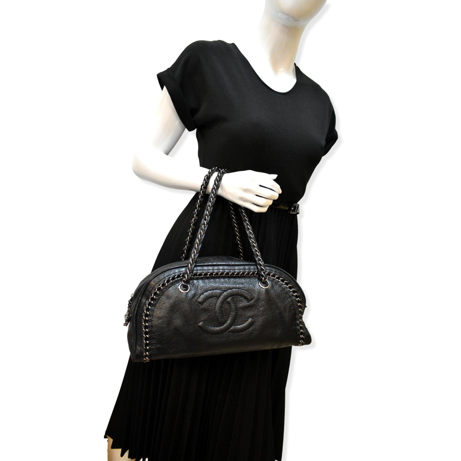 Authentic Black Patent Leather Chanel Medium Luxe Ligne Bowler Bag