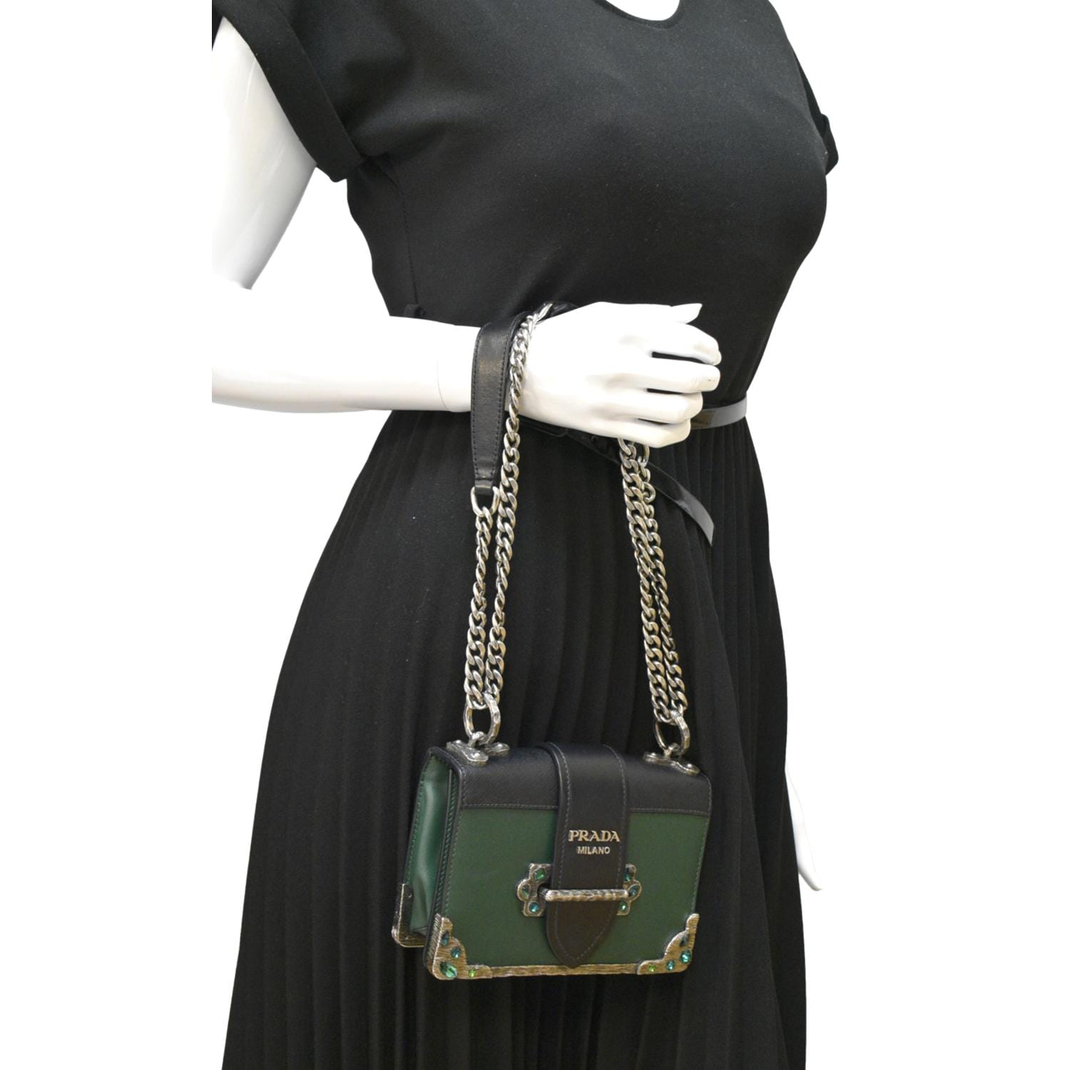 Prada Emerald Green/Black Leather & Saffiano Leather Cahier Chain Clutch  Prada