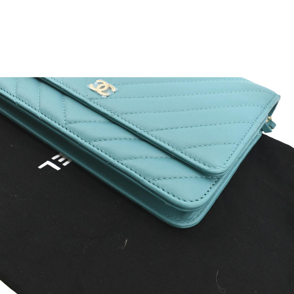 CHANEL CC WOC Chevron Leather Wallet On Chain Crossbody Bag Turquoise