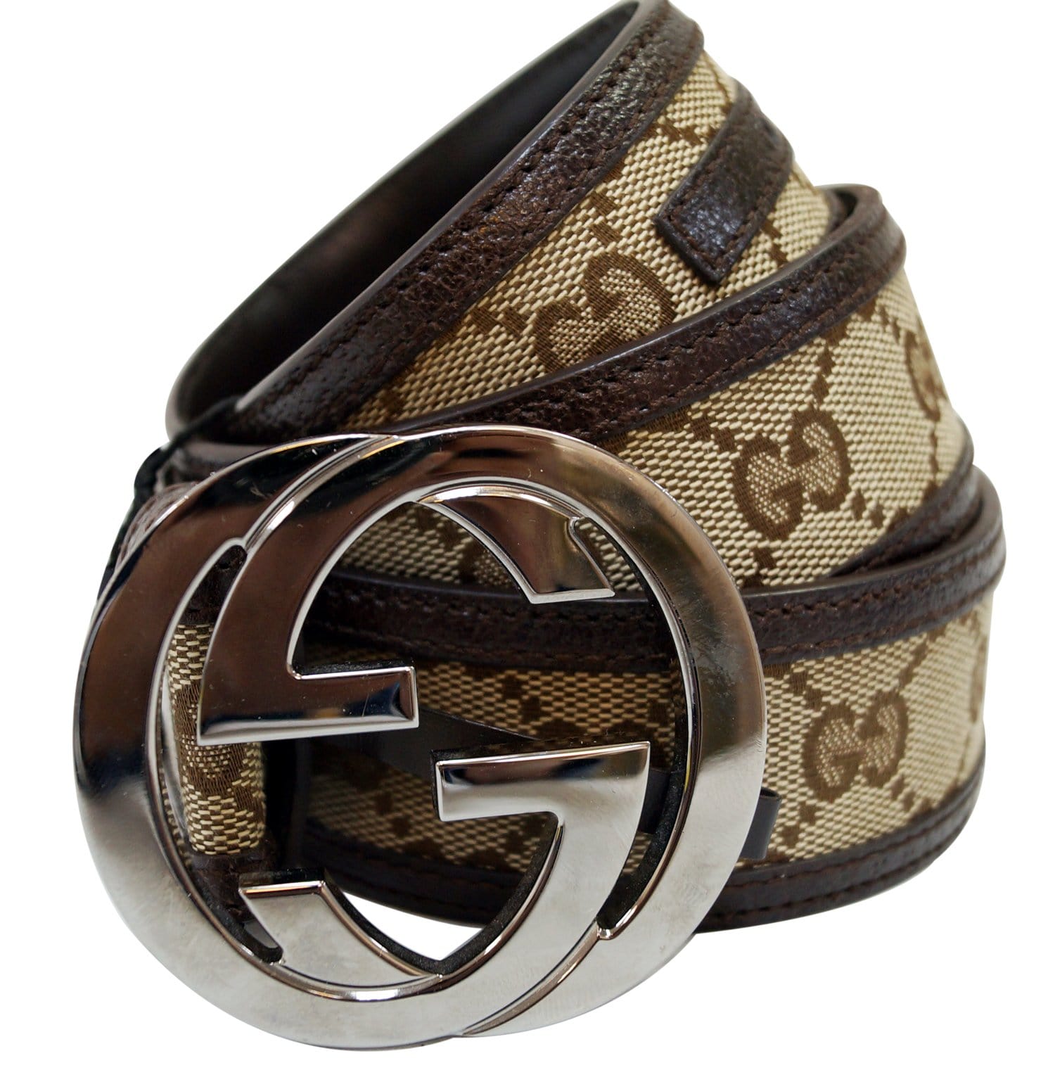 MEN GUCCI GG LEATHER BELT WITH DOUBLE G BUCKLE SILVER DARK BROWN NEW 30-32