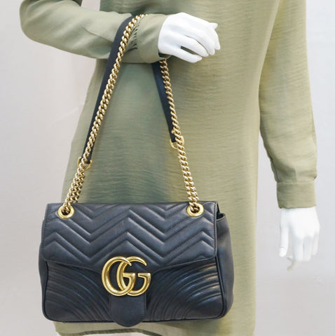 GUCCI Black Leather GG Marmont Matelasse Shoulder Bag