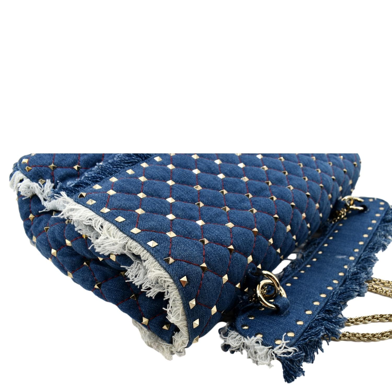 VALENTINO GARAVANI Denim Fringe Maxi Rockstud Spike Shoulder Bag Blue  1217678