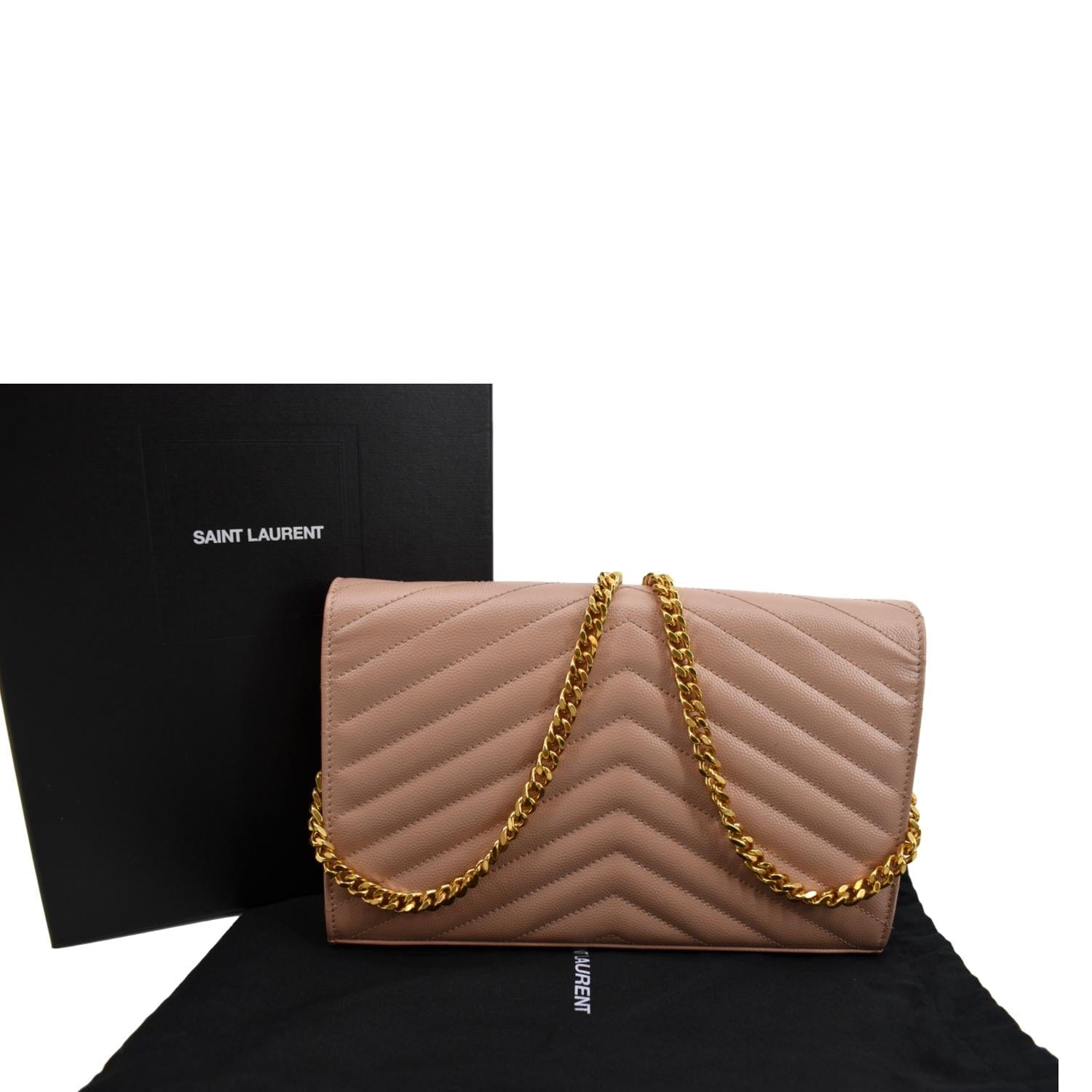 Saint Laurent Envelope Quilted Leather Chain Wallet Pink Gold Hardware