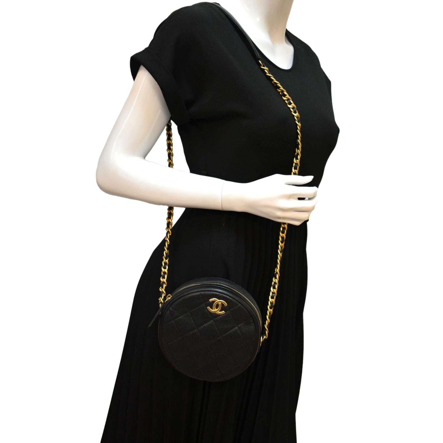 Chanel Round Quilted Caviar Leather Clutch Crossbody Bag