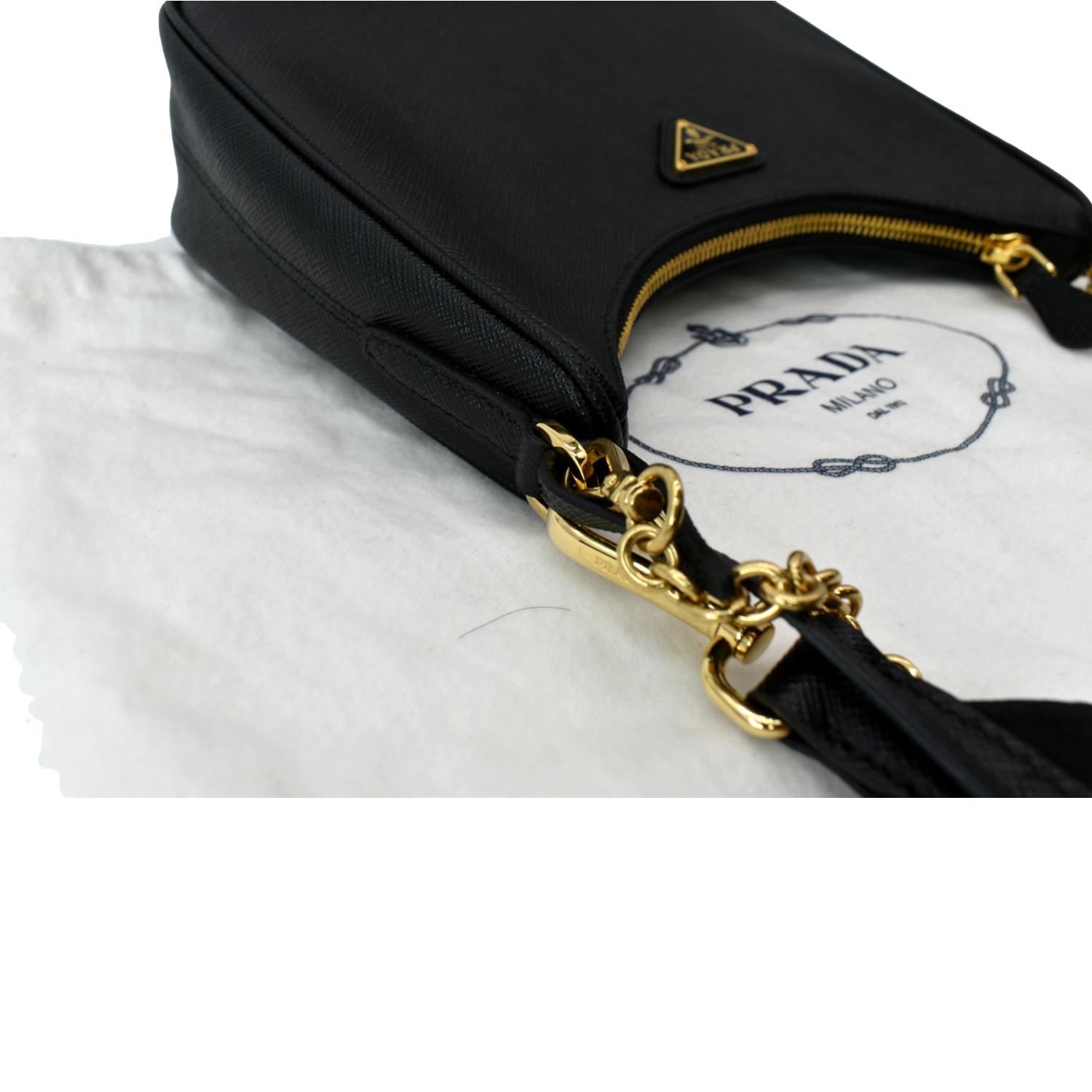 Prada Leather Cross Body Bag Black Gold Re-Edition 2005 Saffiano