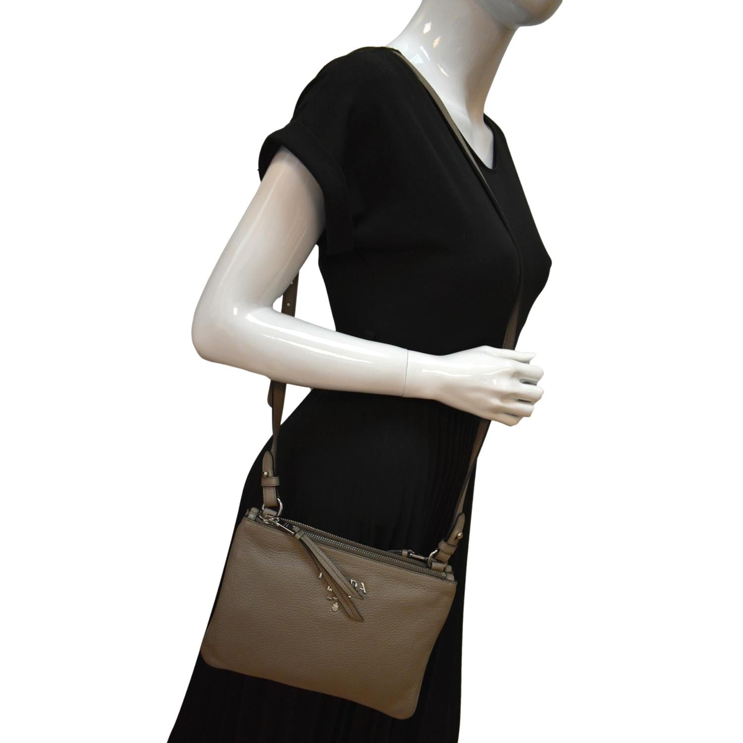 Prada Saffiano Leather Web Strap Cross Body Shoulder Bag Beige