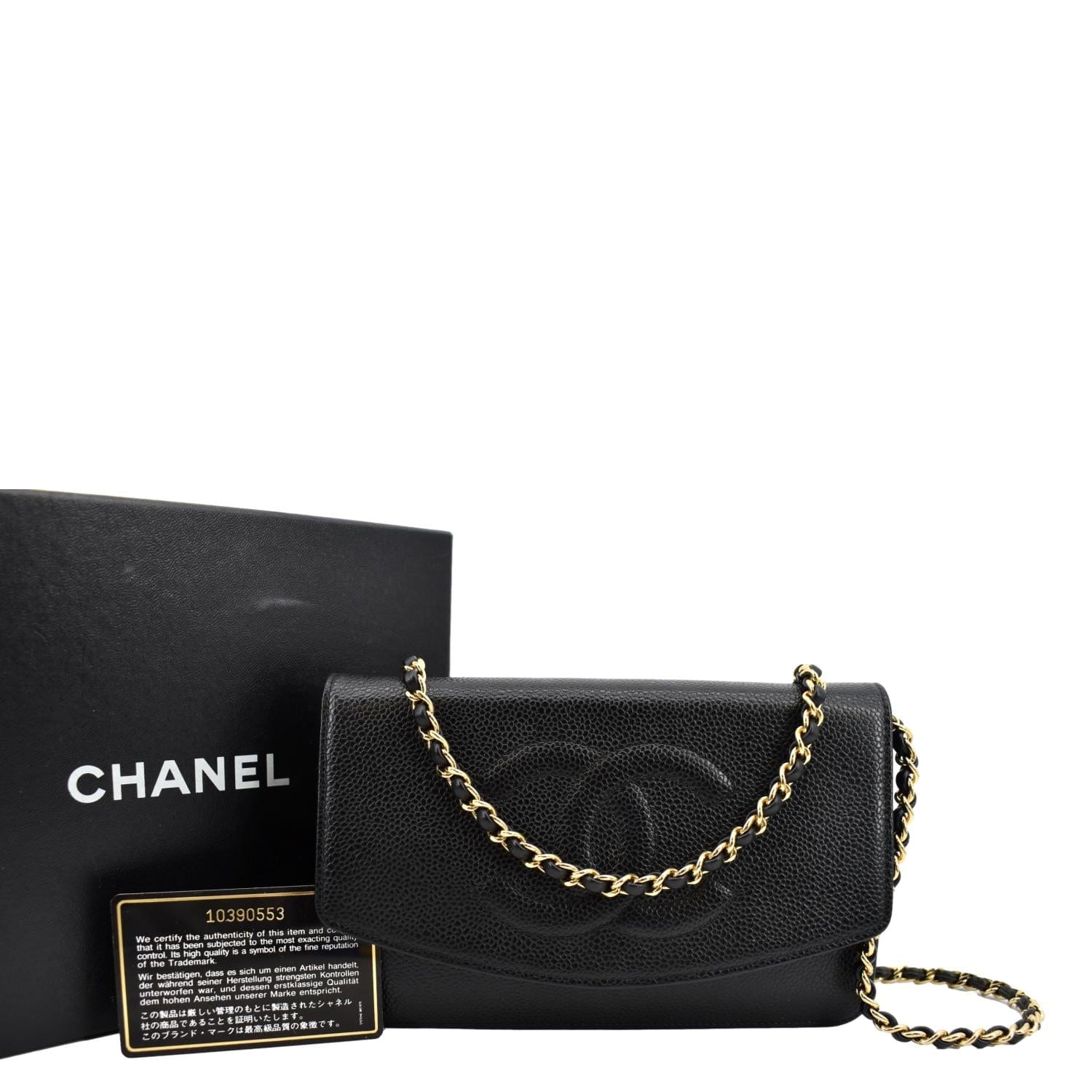 AUTHENTIC CHANEL Black Caviar Leather Timeless WOC Wallet On Chain Flap