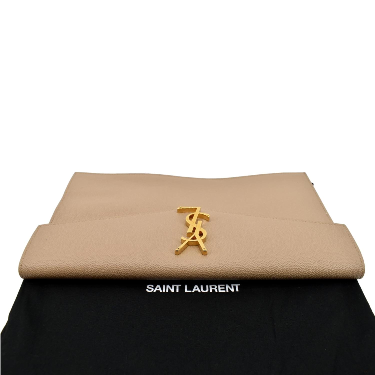 Authentic YSL Saint Laurent Uptown Pouch Clutch Purse Dark Beige