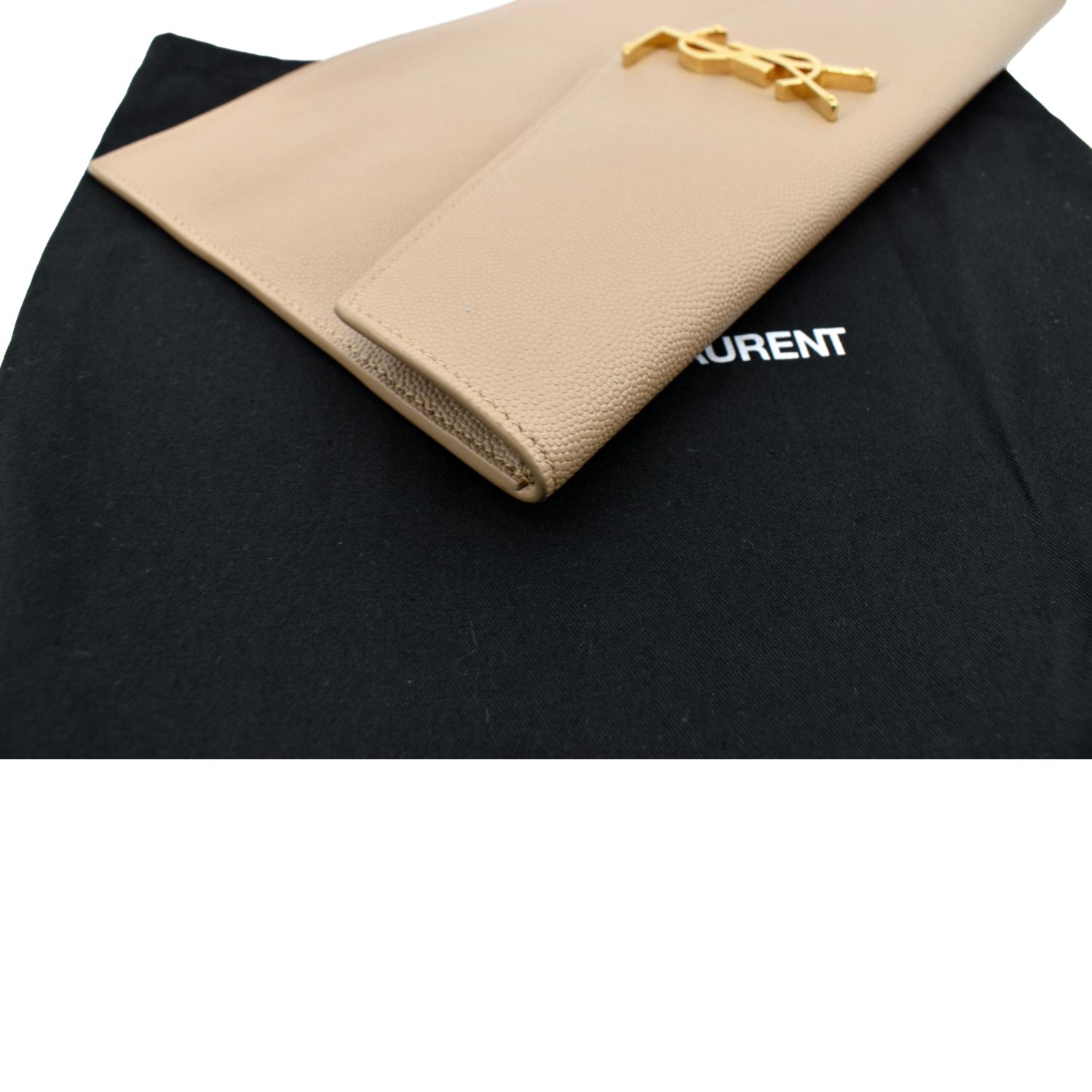 Authentic YSL Saint Laurent Uptown Pouch Clutch Purse Dark Beige Leather  Gold