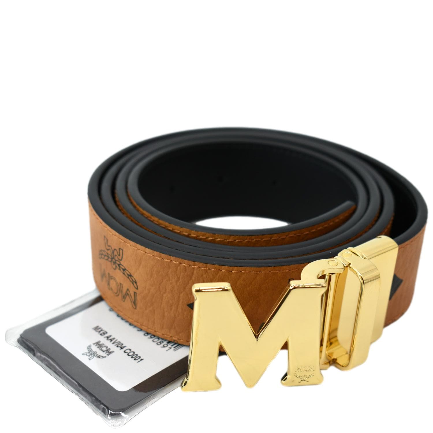 MCM Authentic Reversible Faux Leather Logo Buckle Belt Coganc Brown Black  NEW