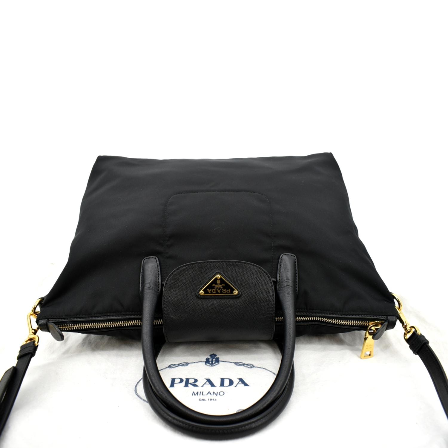 Prada, Bags, Prada Black Tessuto Nylon Saffiano Leather Tote Bag