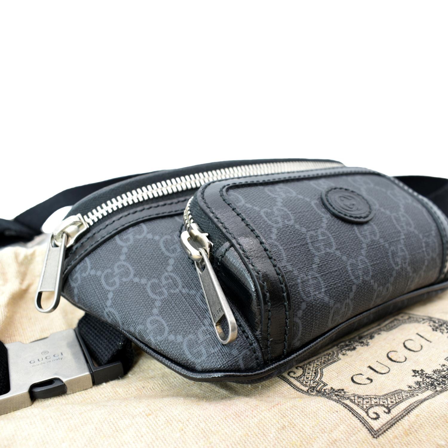 GUCCI GG Supreme Monogram Textured Calfskin Retro Interlocking G Belt Bag  Black 1266291