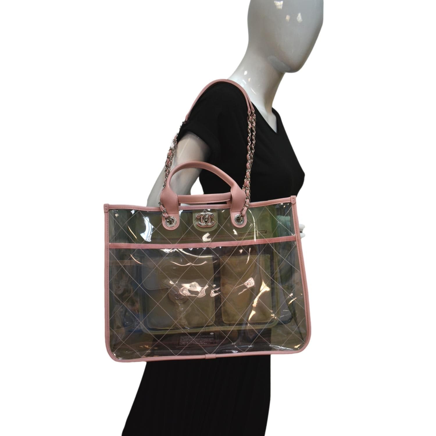 CHANEL Coco Mark PVC Vinyl Bag Shoulder Bag Tote Bag W/Pouch Pink/Clear