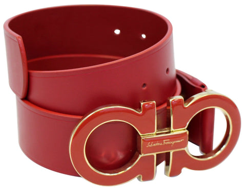 Salvatore Ferragamo Red Enamel Gancini Buckle Belt 34