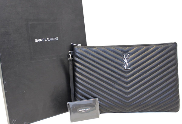 YSL SAINT LAURENT Monogram Black Leather Document Holder Clutch 