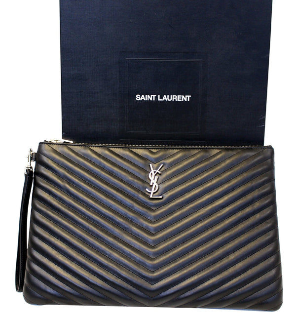 YSL SAINT LAURENT Monogram Black Leather Document Holder Clutch 