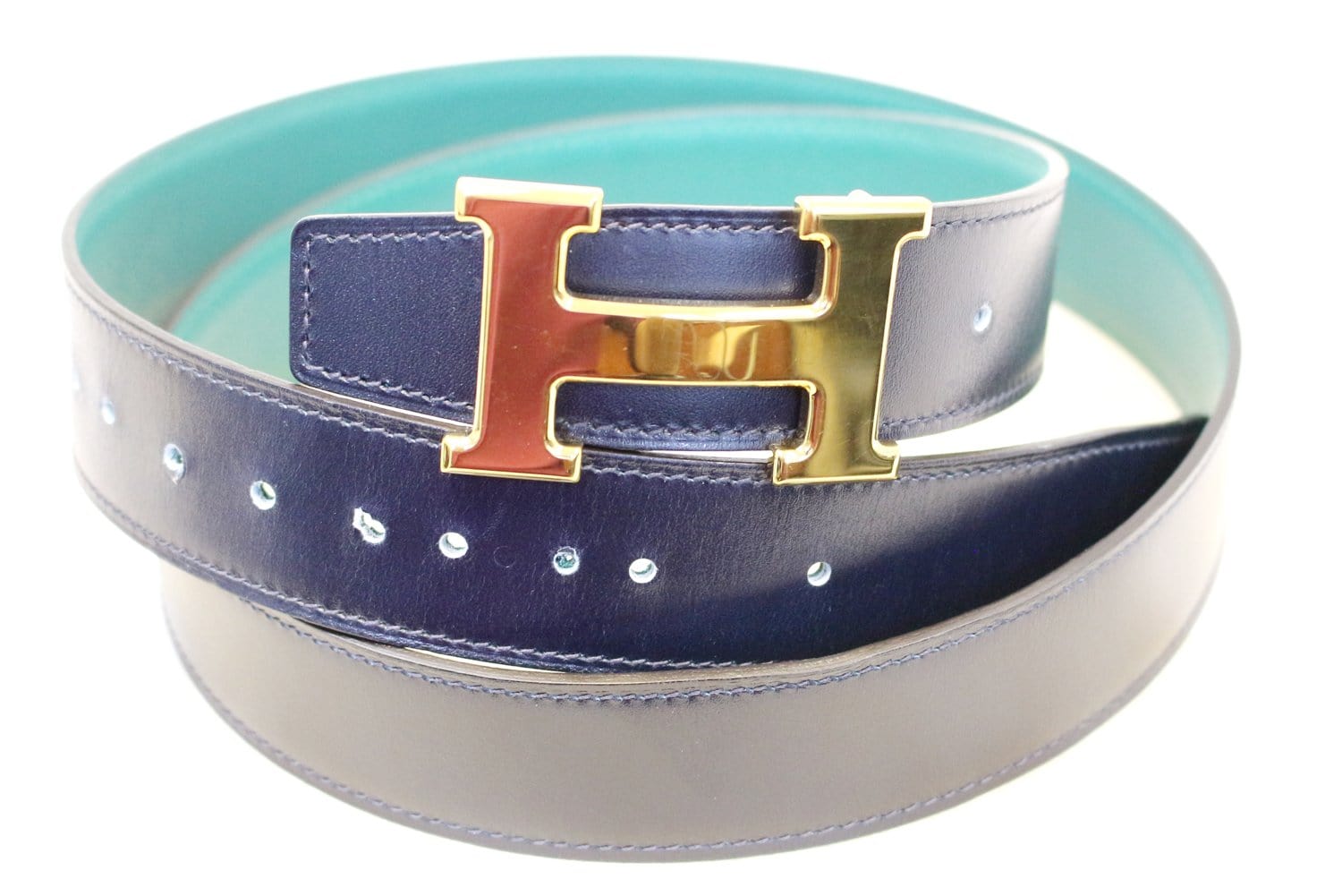 Hermes Blue Tan Leather H Buckle Reversible Belt Size 90 For Sale at  1stDibs