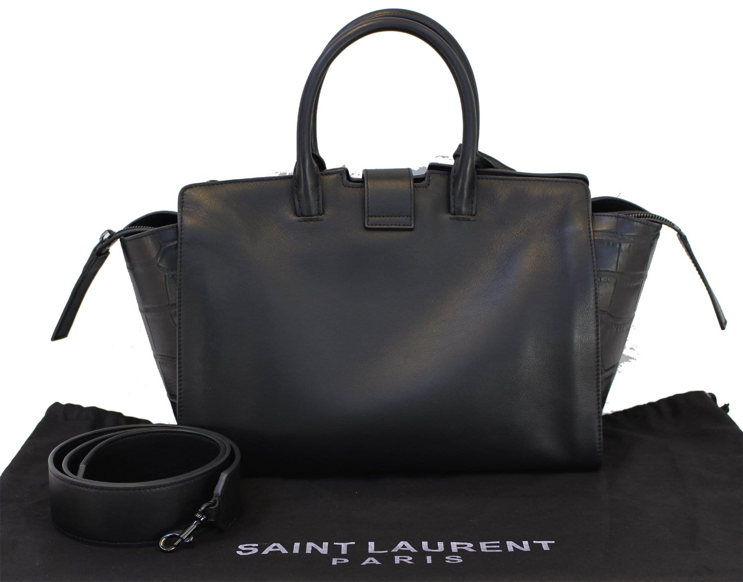 Authentic YSL Baby Cabas Hand Shoulder Bag Leather Light Gray