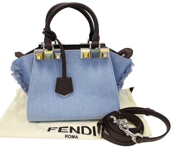 FENDI 3 Jour Mini Fringed Denim Studs Tote Crossbody Bag