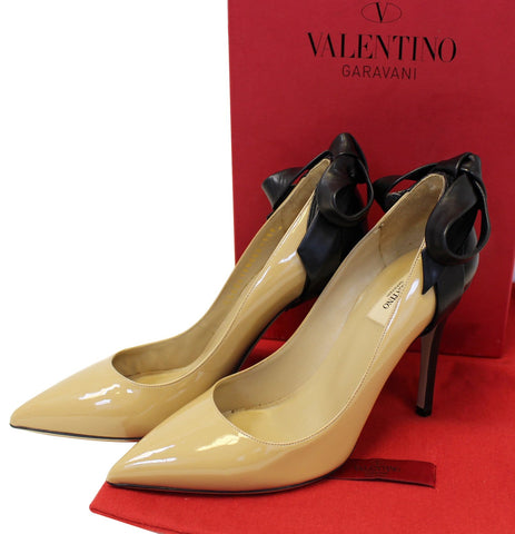 VALENTINO Patent Leather Nude and Black Bow Pumps Size 39