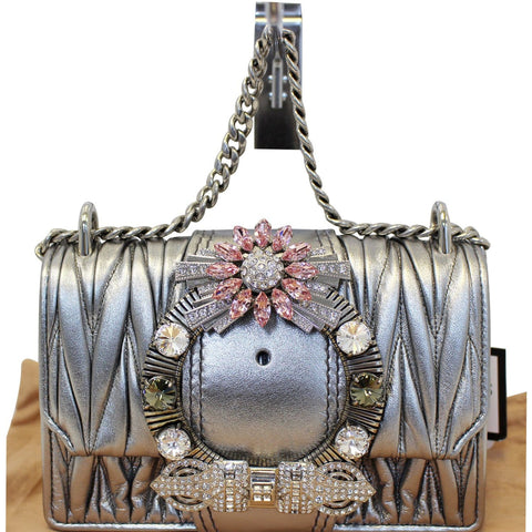 MIU MIU Silver Leather Matelasse Miu Lady Crossbody Bag