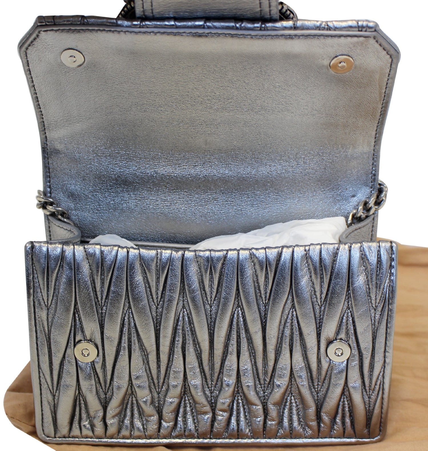 MIU MIU Gray Matelassé Ruffled Puff Leather Silver Coffer Lock Two Way Bag  Purse