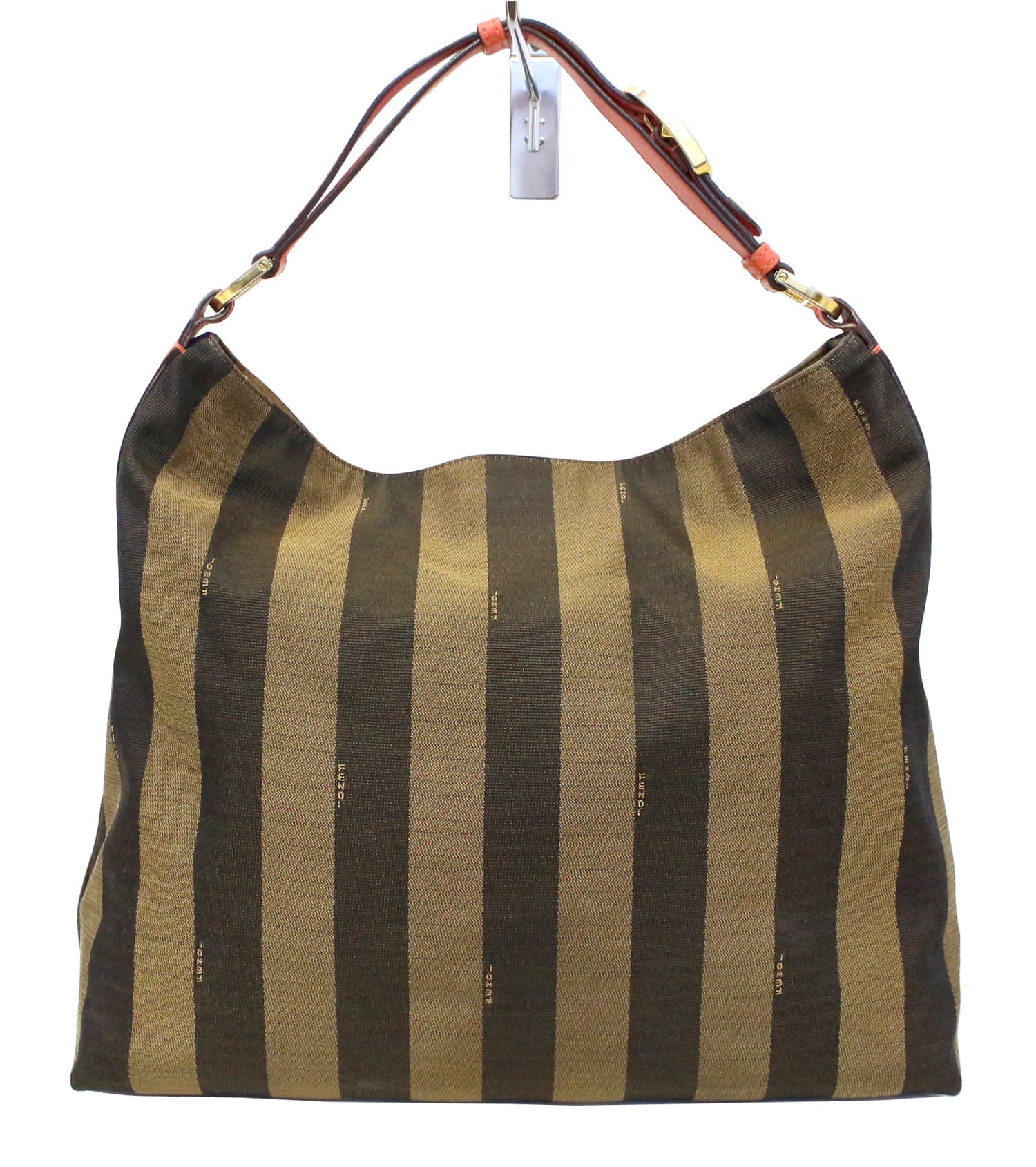 FENDI Tobacco and Red Leather Pequin Stripe Canvas Hobo Bag