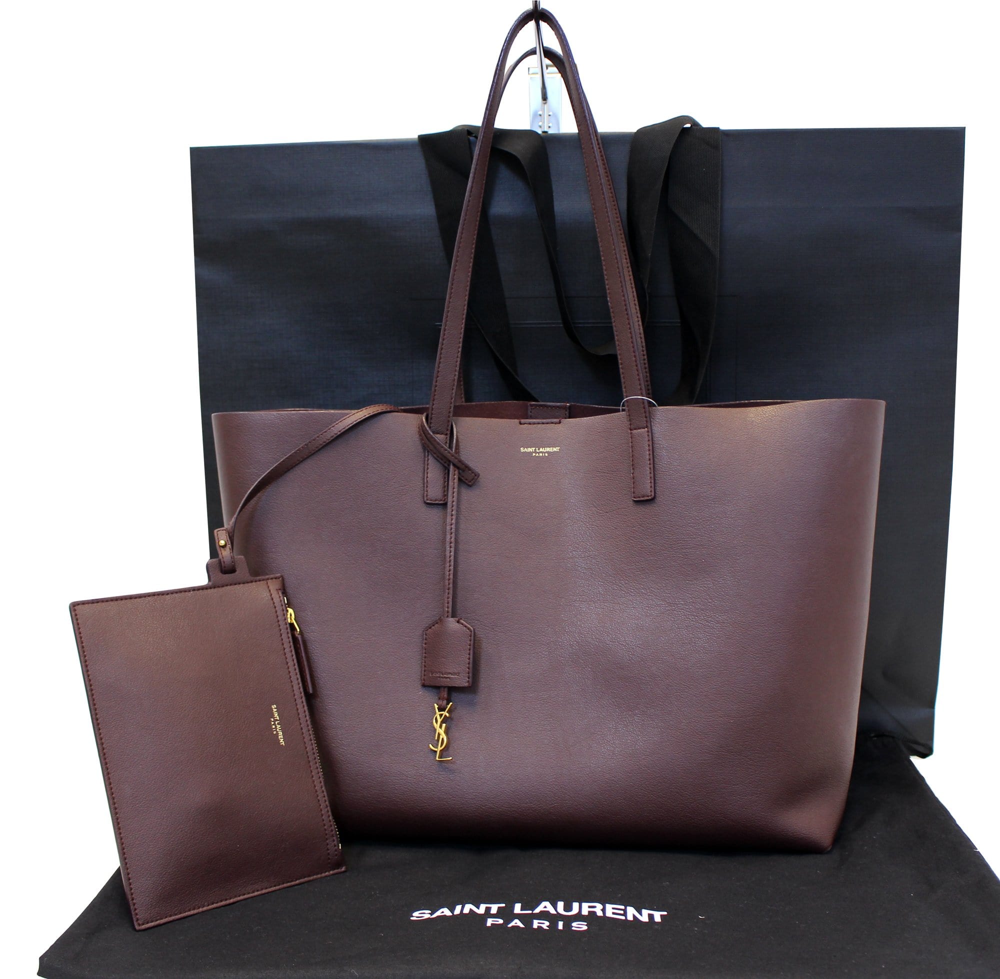 Shopping E W Leather Tote Bag in Brown - Saint Laurent