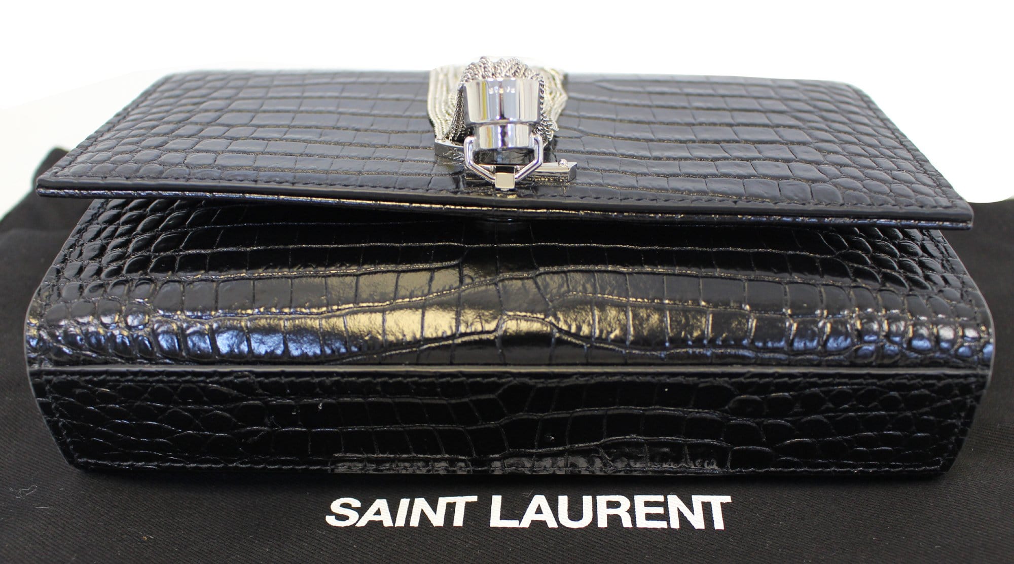 YVES SAINT LAURENT Crocodile Black Leather Silver Chain Clutch Crossbody Bag