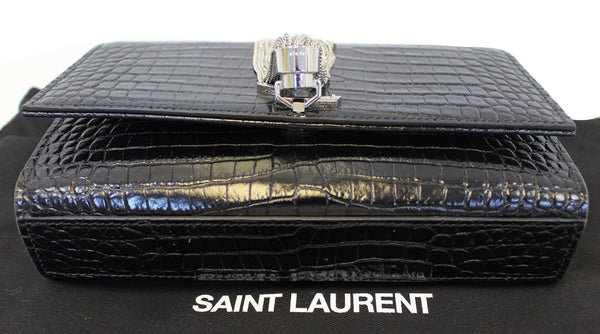 YVES SAINT LAURENT Crocodile Black Leather Silver Chain Clutch Crossbody Bag